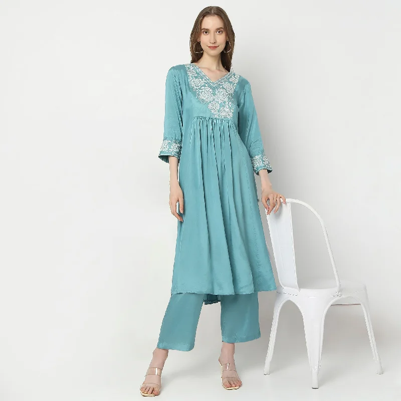 Flare Fit Embroidered Kurta with Pant Set