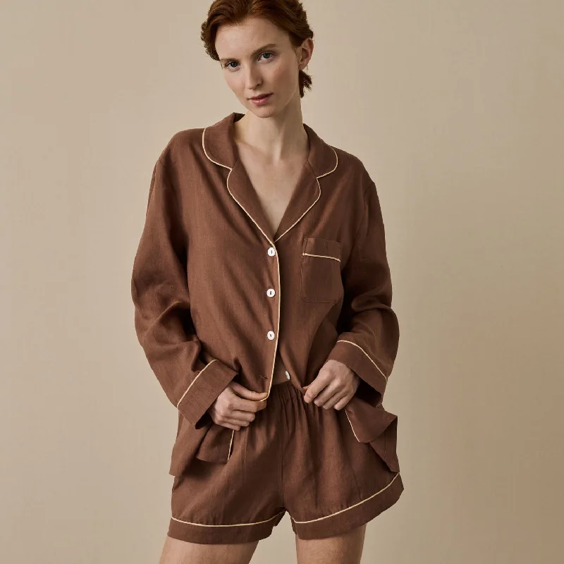 Barley Brown Linen Pajama Shorts Set