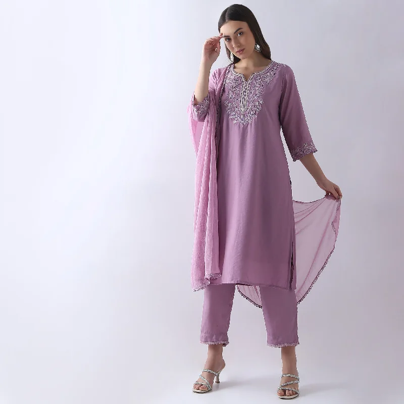 Regular Fit Embroidered Kurta and Pant with Dupatta Set