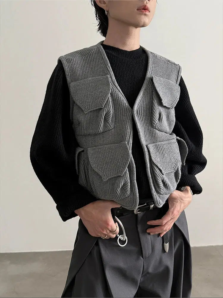 Cargo Pockets Chunky Knit Sleeveless Vest