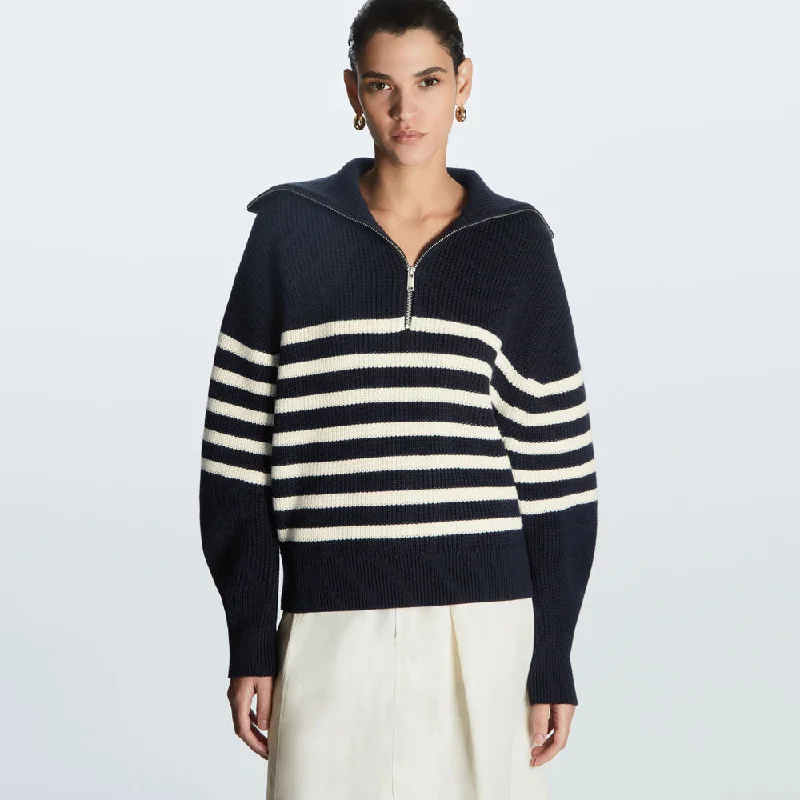 Breton Spread Collar Half Zip Blue and White Striped Sweater