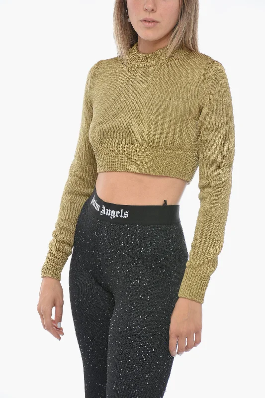 Palm Angels Crew Neck Crop Lurex Sweater with Ton sur Ton Embroideries