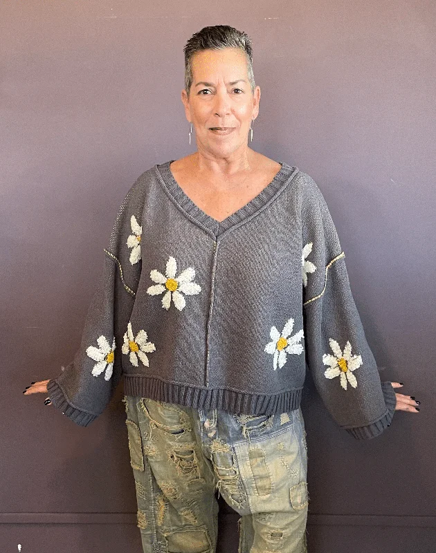 V-Neck Berber Floral Pattern Sweater