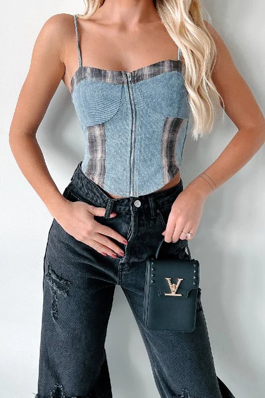 DOORBUSTER Subtle Slay Denim Plaid Zip-Front Tank Top (Blue Denim)