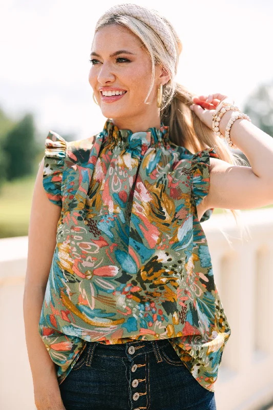 Put It To The Test Olive Green Floral Tank