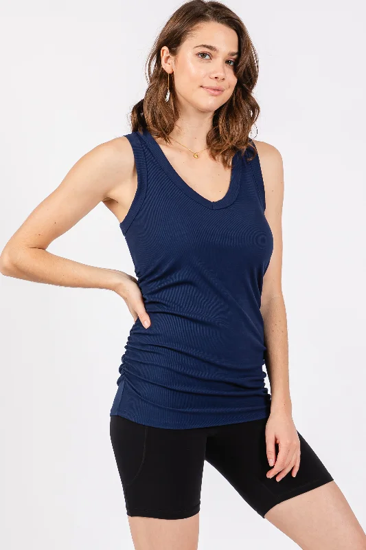 Navy Ribbed Sleeveless Ruched Tank Top