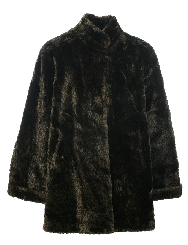 Leopard Print Faux Fur Coat - M