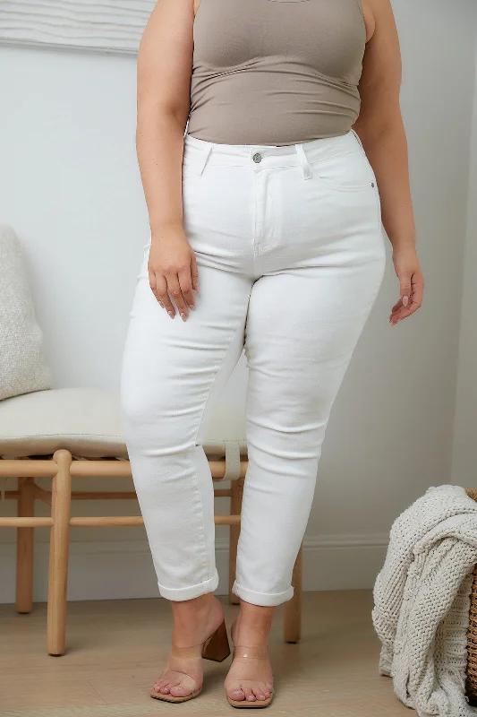 Judy Blue High Rise White Cuffed Boyfriend Jeans - LAST FEW size 24W