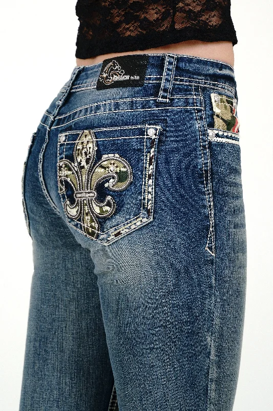 Flu De Lee Camo Embellished Mid Rise  Bootcut Jeans