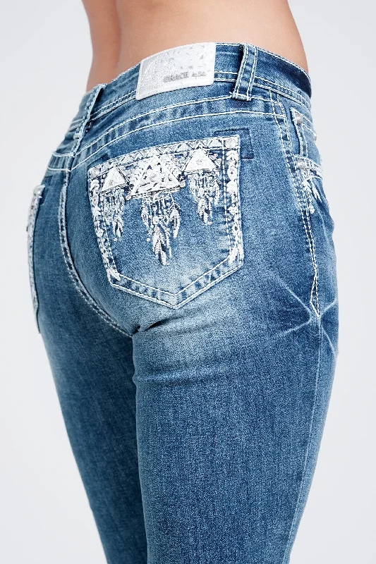 Aztec Embellished Mid Rise  Bootcut Jeans