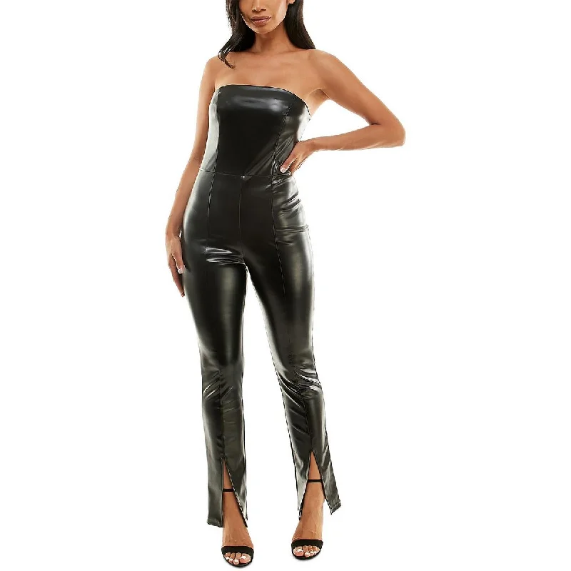 Bebe Womens Juniors Faux Leather Strapless Jumpsuit