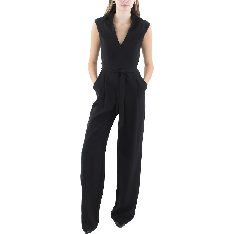 Black Halo Womens Cap Sleeve Front Zip Jumpsuit