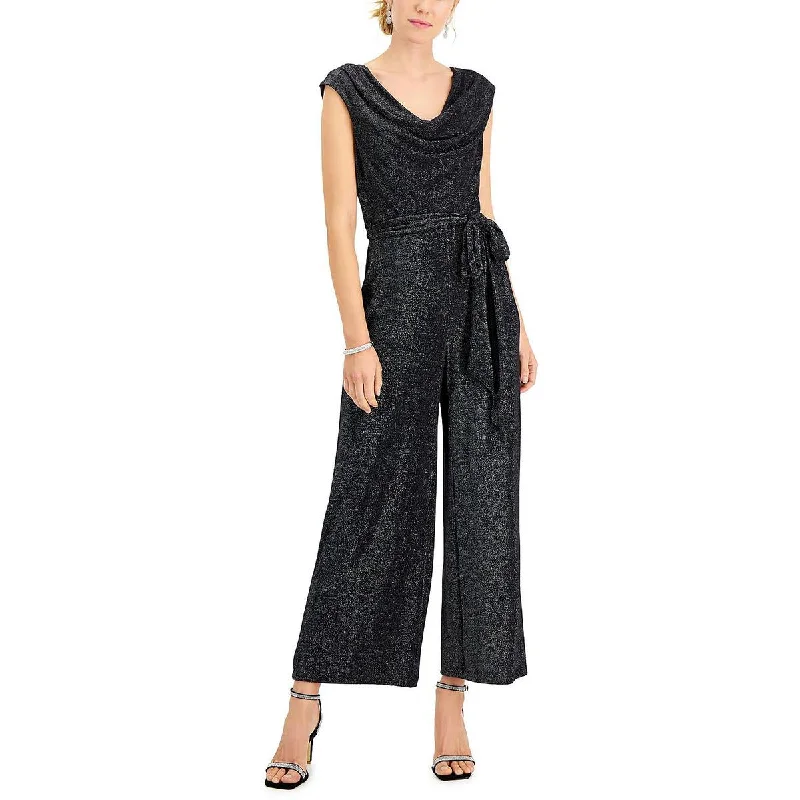 Connected Apparel Womens Plus Metallic Cowl Neck Jumpsuit