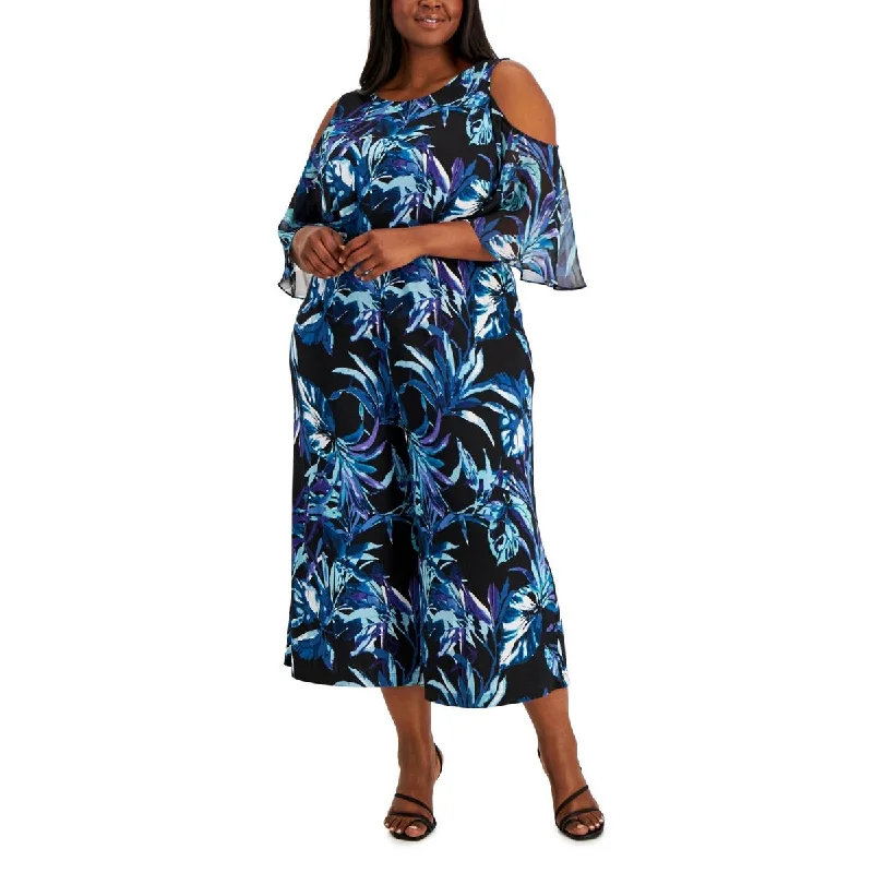 Connected Apparel Womens Plus Printed Ruffled Jumpsuit