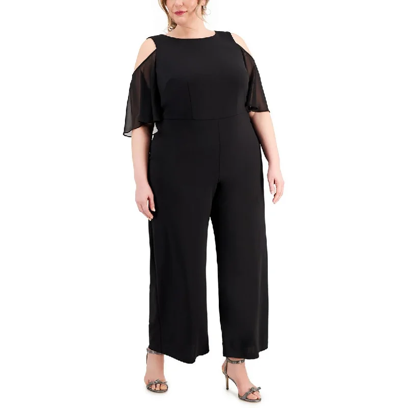 Connected Apparel Womens Plus Wide Leg Cold Shoulder Jumpsuit