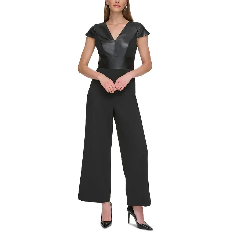 DKNY Womens Cap Sleeve Mixed Media Jumpsuit