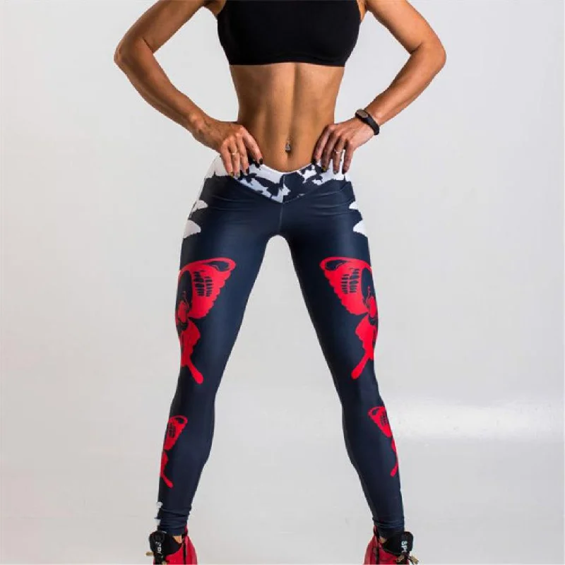 Red Butterfly Print Leggings Women's Sports Yoga Pants