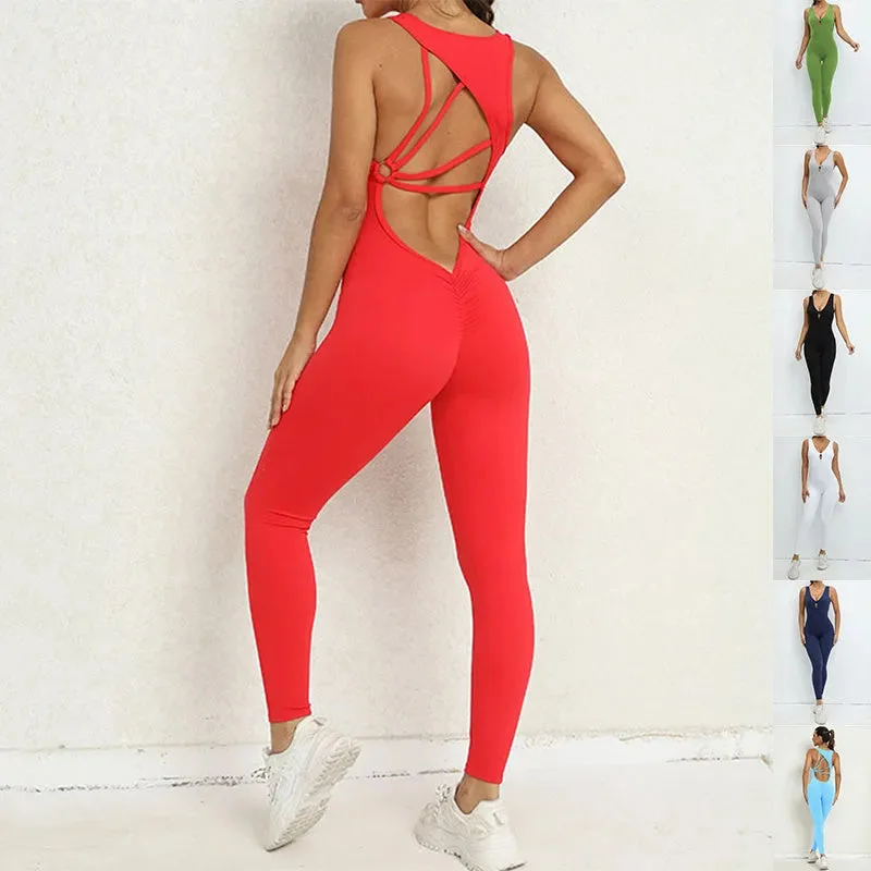 Yoga Jumpsuit V-shaped Back Design Sleeveless Fitness Running Sportswear Stretch Tights Pants For Womens Clothing