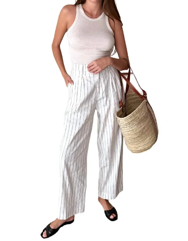 Essential Pleated Pant In Ivory Charcoal Stripe